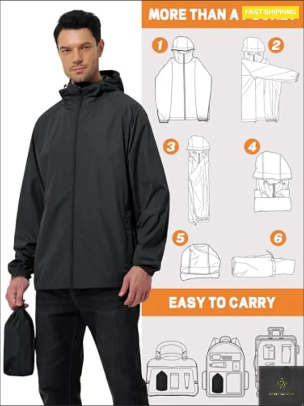 Men's Waterproof Windbreaker Rain Jacket Lightweight Packable Hiking Cycling